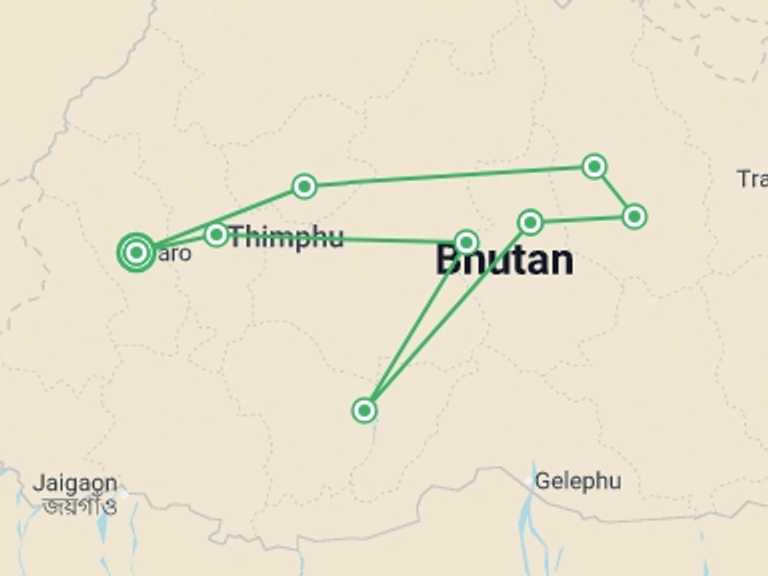 Map of Asia Tour with 8 destination visits for the trip: Camp the Trans Bhutan Trail