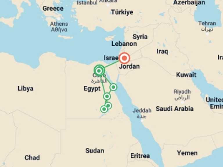 Map itinerary of Giza Tour in December 2026 with 7 destination visits for the trip: Egypt & Jordan Adventure with Felucca Cruise