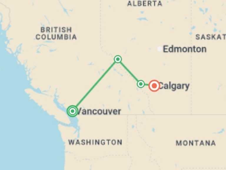 Map of a Train Tour with 5 destination visits for the trip: Canadian Rockies by Train 