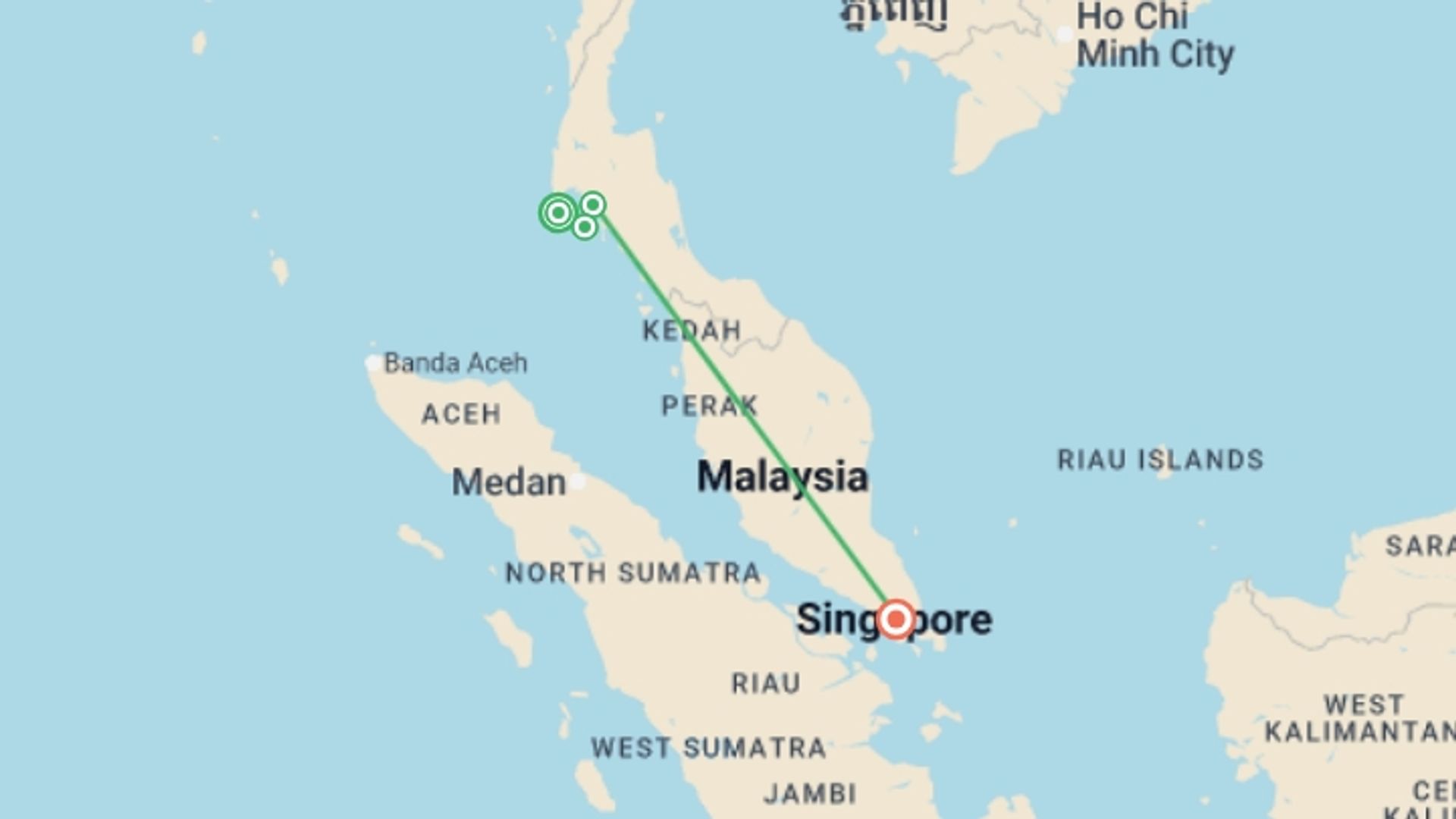 A map showing the tour itinerary for the trip: Thailand & Singapore Escape - 10 days, starting in Phuket, Thailand and ending in Singapore, Singapore going through 2 other destinations.