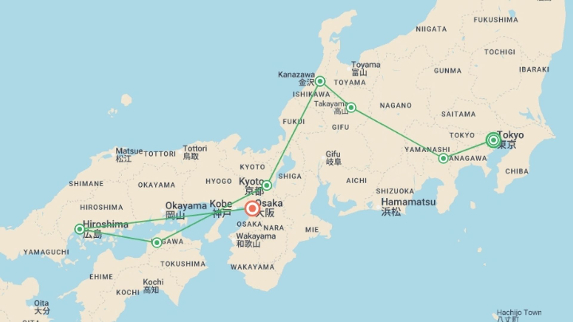 A map showing the tour itinerary for the trip: Splendours of Japan, starting in Tokyo, Japan and ending in Osaka, Japan going through 6 other destinations.