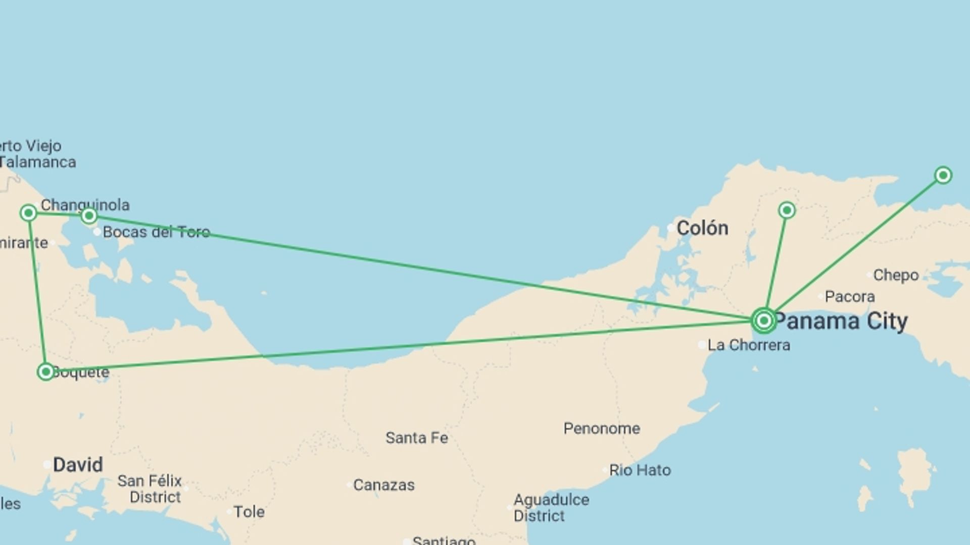 A map showing the tour itinerary for the trip: Best of Panama, starting in Panama City, Panama and ending in Panama City, Panama going through 3 other destinations.
