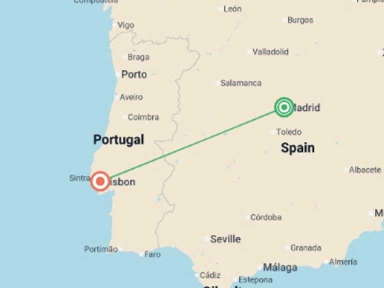 Map of a Art and architecture Tour with 2 destination visits for the trip: Madrid and Lisbon