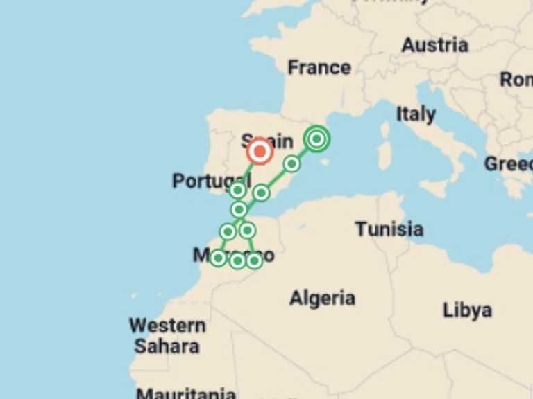 Map itinerary of Spain Tour in January 2027 with 11 destination visits for the trip: Spain and Magical Morocco