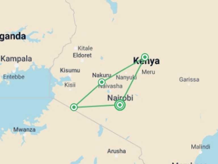 Map of Kenya Tour with 4 destination visits for the trip: Kenya Highlights