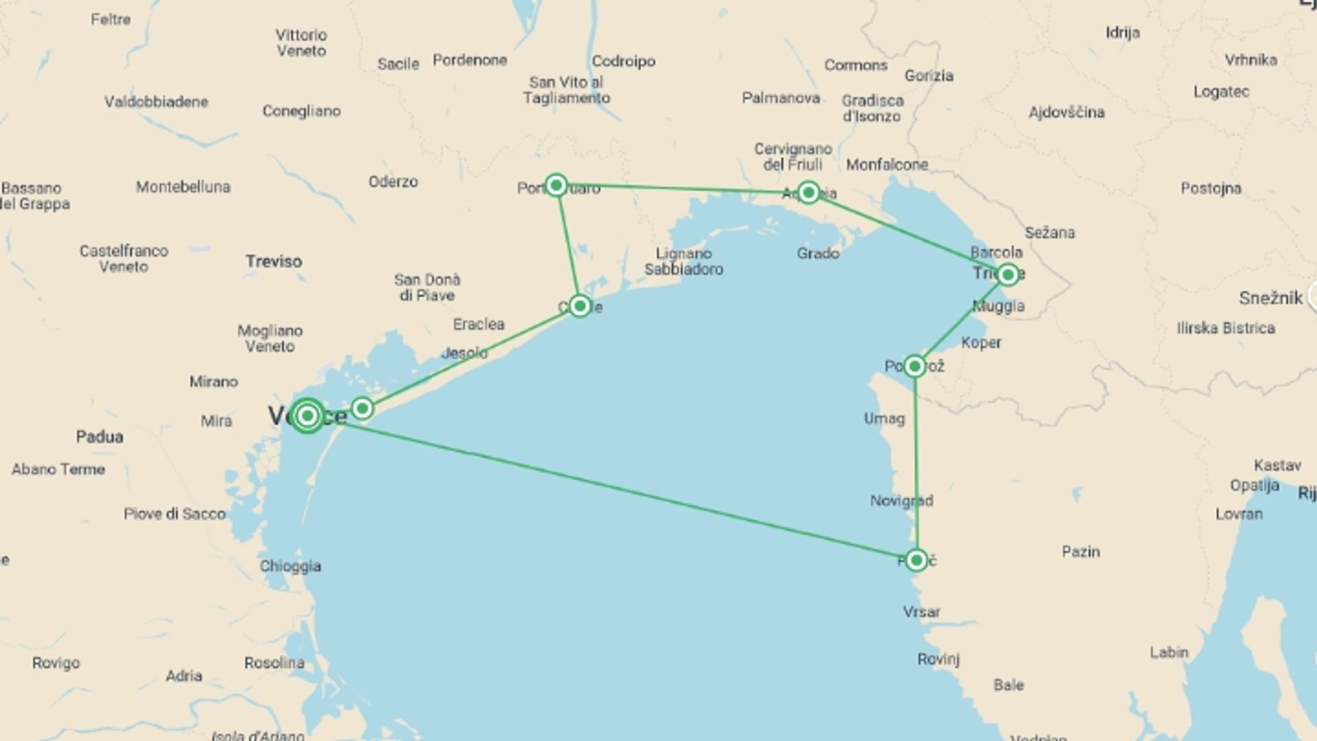 A map showing the tour itinerary for the trip: Ancient Venetian Empire by Bike, starting in Venice, Italy and ending in Venice, Italy going through 6 other destinations.