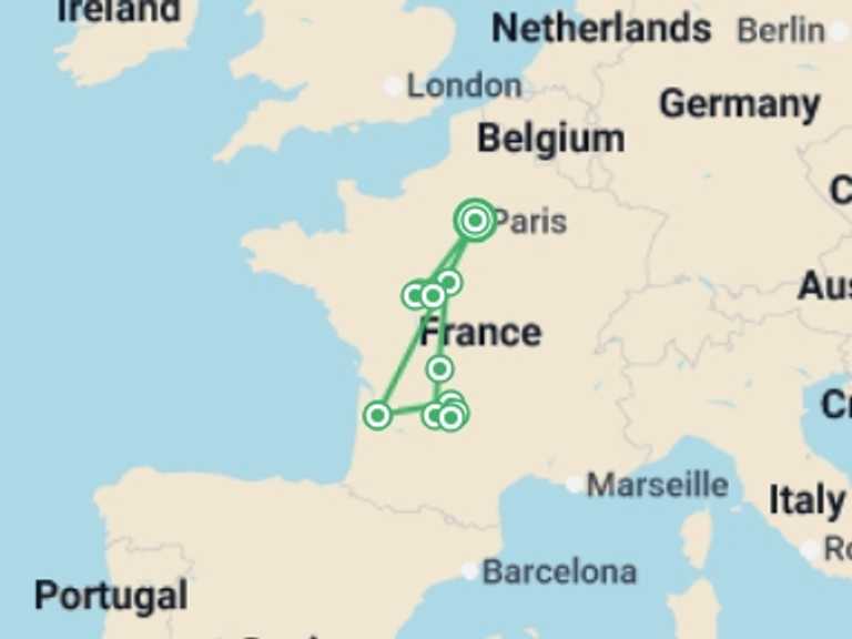 Map itinerary of France Tour in May 2026 with 5 destination visits for the trip: French Dream