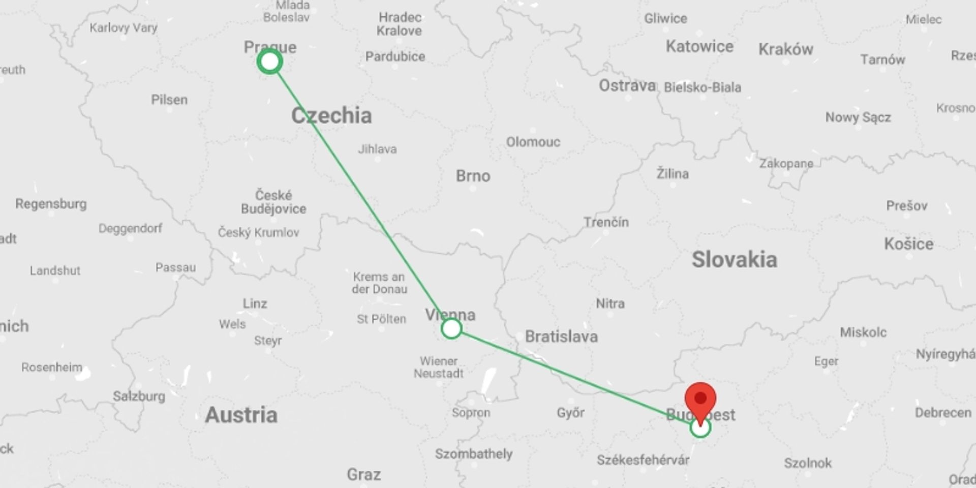 A map showing the tour itinerary for the trip: Prague, Vienna and Budapest - Winter, starting in Prague, Czech Republic and ending in Budapest, Hungary going through 3 other destinations.