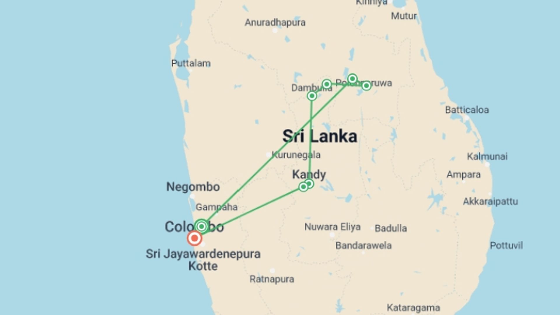 A map showing the tour itinerary for the trip: Sri Lankan Highlights, starting in Wattala, Sri Lanka and ending in Colombo, Sri Lanka going through 3 other destinations.