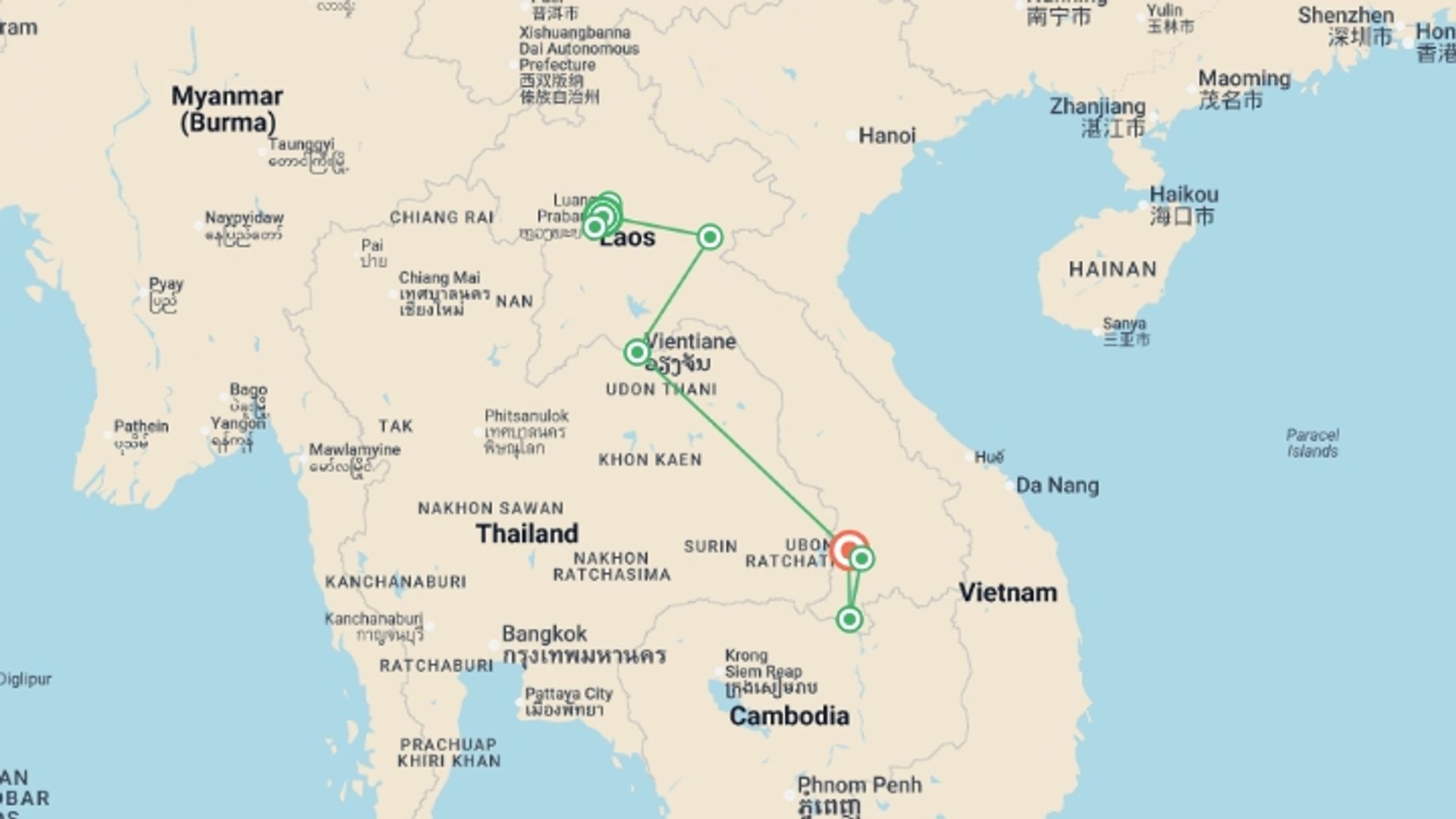 A map showing the tour itinerary for the trip: Incredible Laos Premium Tour, starting in Luang Prabang, Laos and ending in Pakse, Laos going through 3 other destinations.