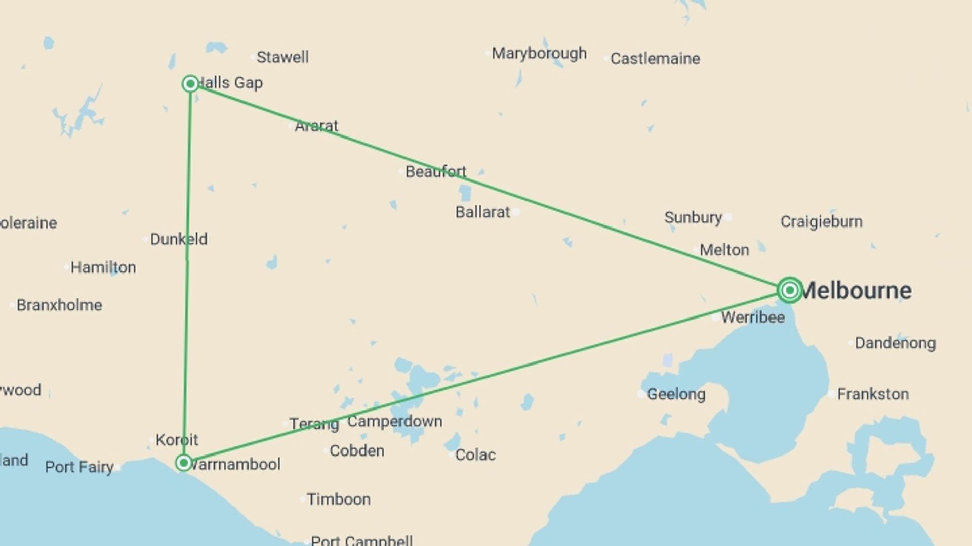 A map showing the tour itinerary for the trip: Best of the Great Ocean Road & Grampians - 3 days, starting in Melbourne, Australia and ending in Melbourne, Australia going through 2 other destinations.
