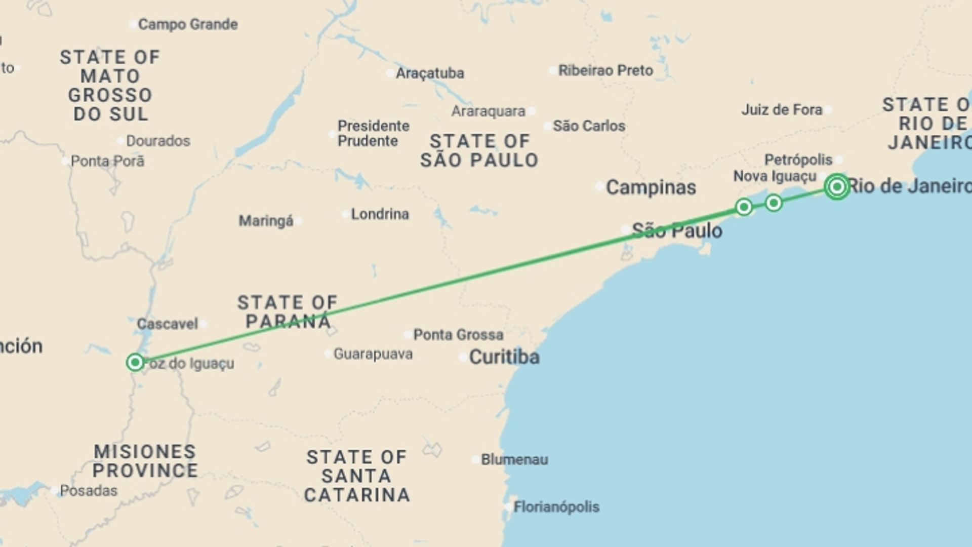 A map showing the tour itinerary for the trip: Iguazu Discovery Air-Expedition 12D/11N, starting in Rio de Janeiro, Brazil and ending in Rio de Janeiro, Brazil going through 3 other destinations.