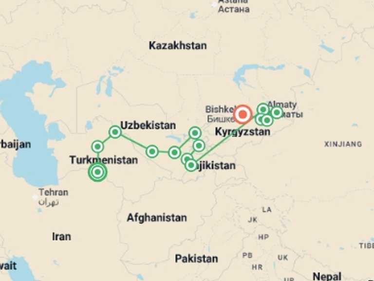 Map itinerary of Bukhara Tour in September 2026 with 14 destination visits for the trip: Central Asia: Five Stans Express