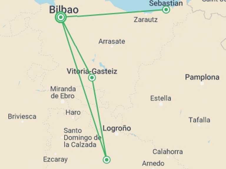 Map itinerary of Spain Tour in February 2026 with 3 destination visits for the trip: Sensations of the Basque Country