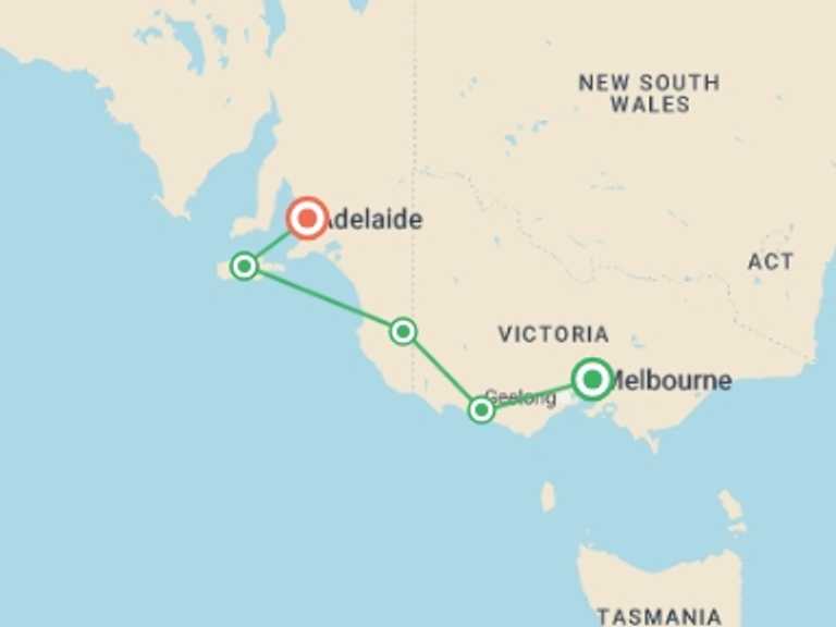 Map itinerary of Oceania Tour in August 2027 with 5 destination visits for the trip: Great Ocean Road and Kangaroo Island Escape