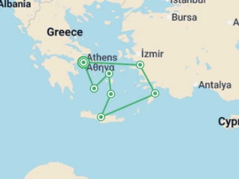Map itinerary of Europe Tour in October 2026 with 7 destination visits for the trip: Athens with 07 Nights Greek Islands Cruise