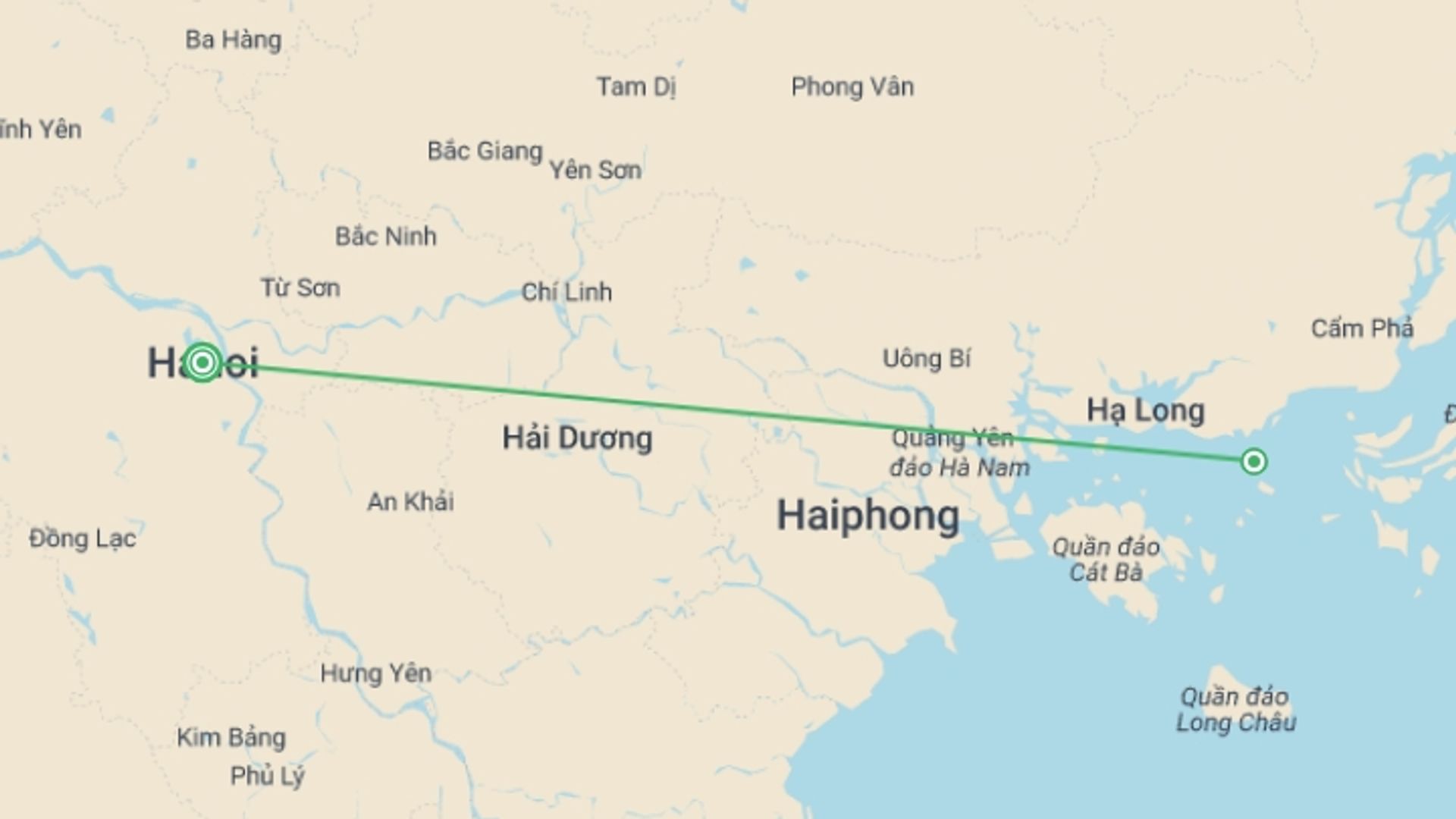 A map showing the tour itinerary for the trip: Halong Bay Cruise 3D/2N, starting in Hanoi, Vietnam and ending in Hanoi, Vietnam going through 1 other destinations.