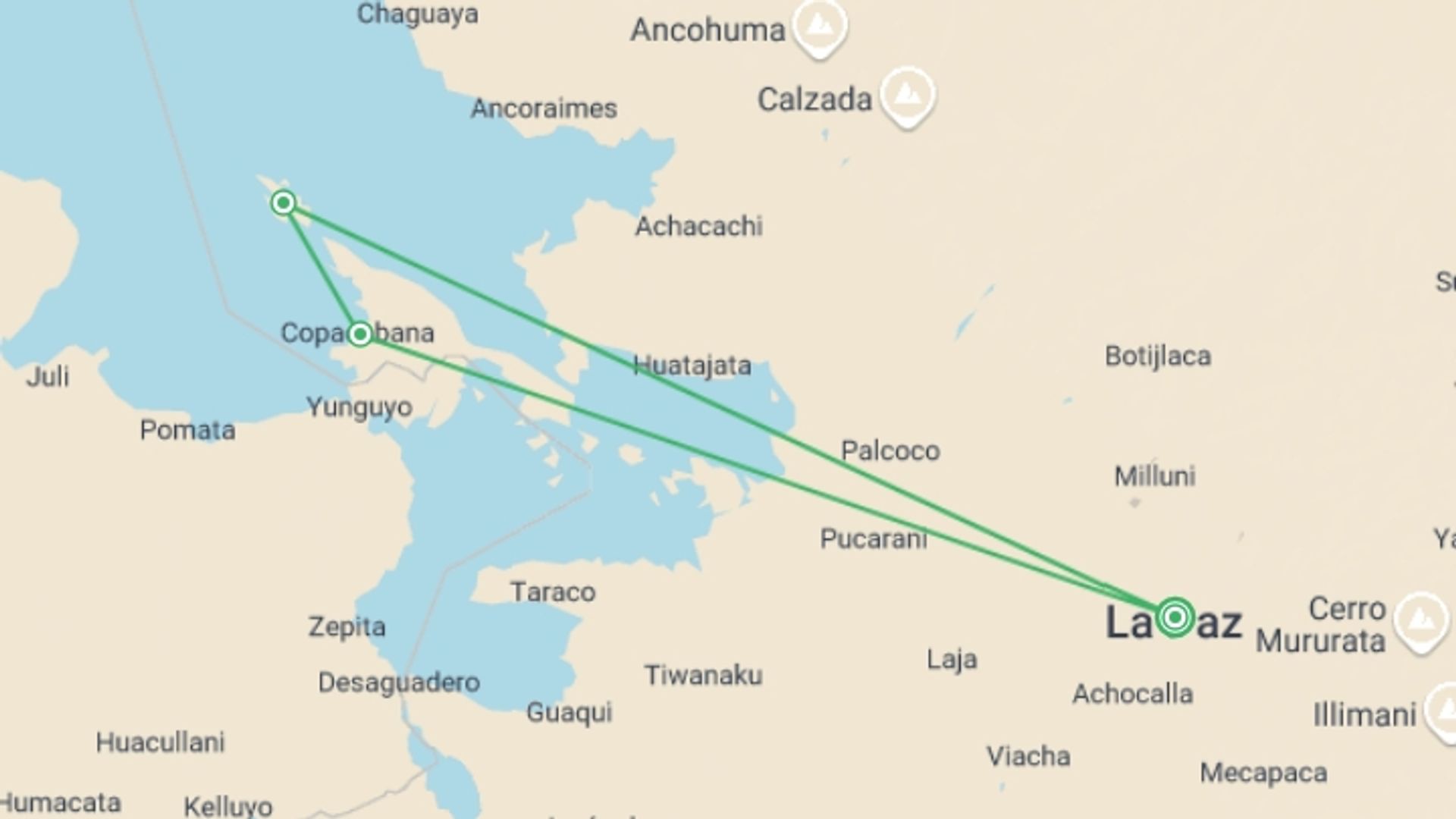 A map showing the tour itinerary for the trip: Lake Titicaca & Isla del Sol Adventure 3D/2N (La Paz to La Paz), starting in La Paz, Bolivia and ending in La Paz, Bolivia going through 2 other destinations.