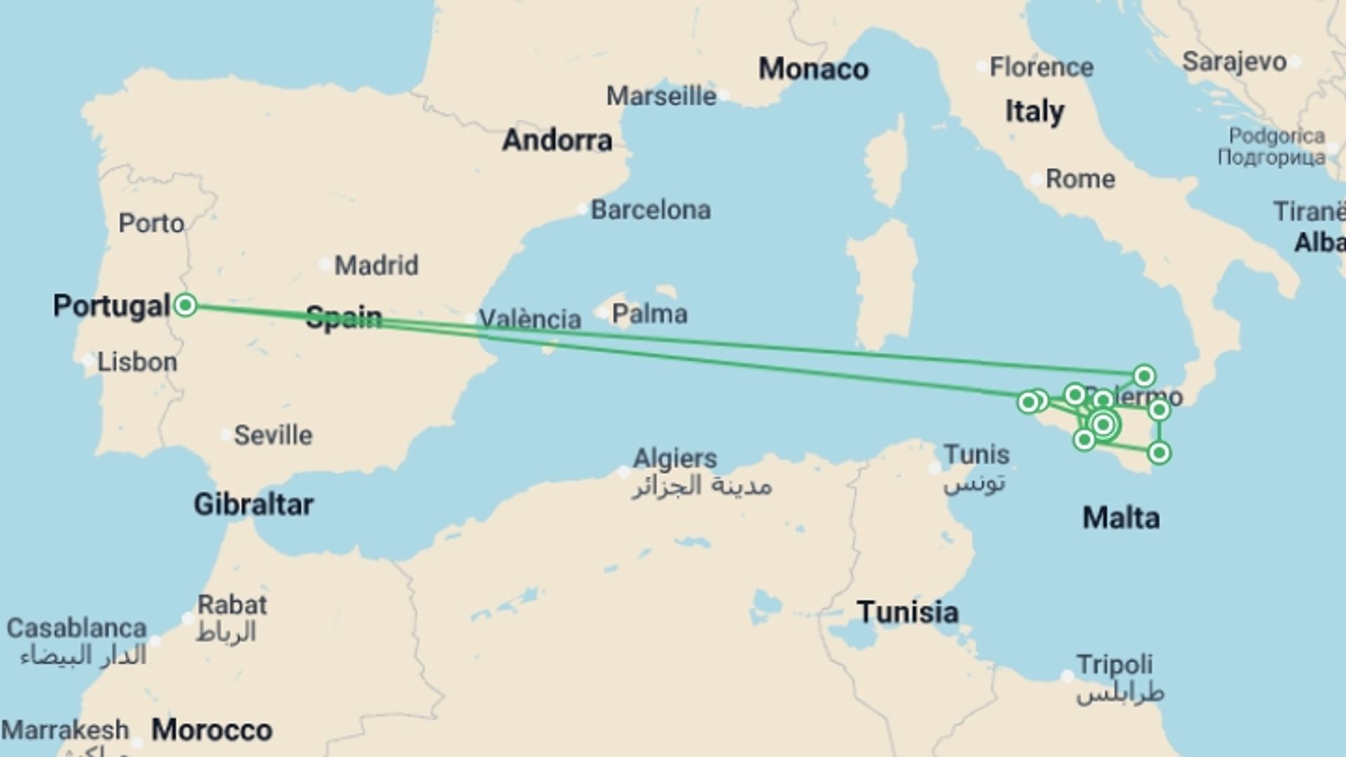 A map showing the tour itinerary for the trip: Sicily Grand Tour: See & Experience it all in 12 days    , starting in Sicily, Italy and ending in Sicily, Italy going through 10 other destinations.