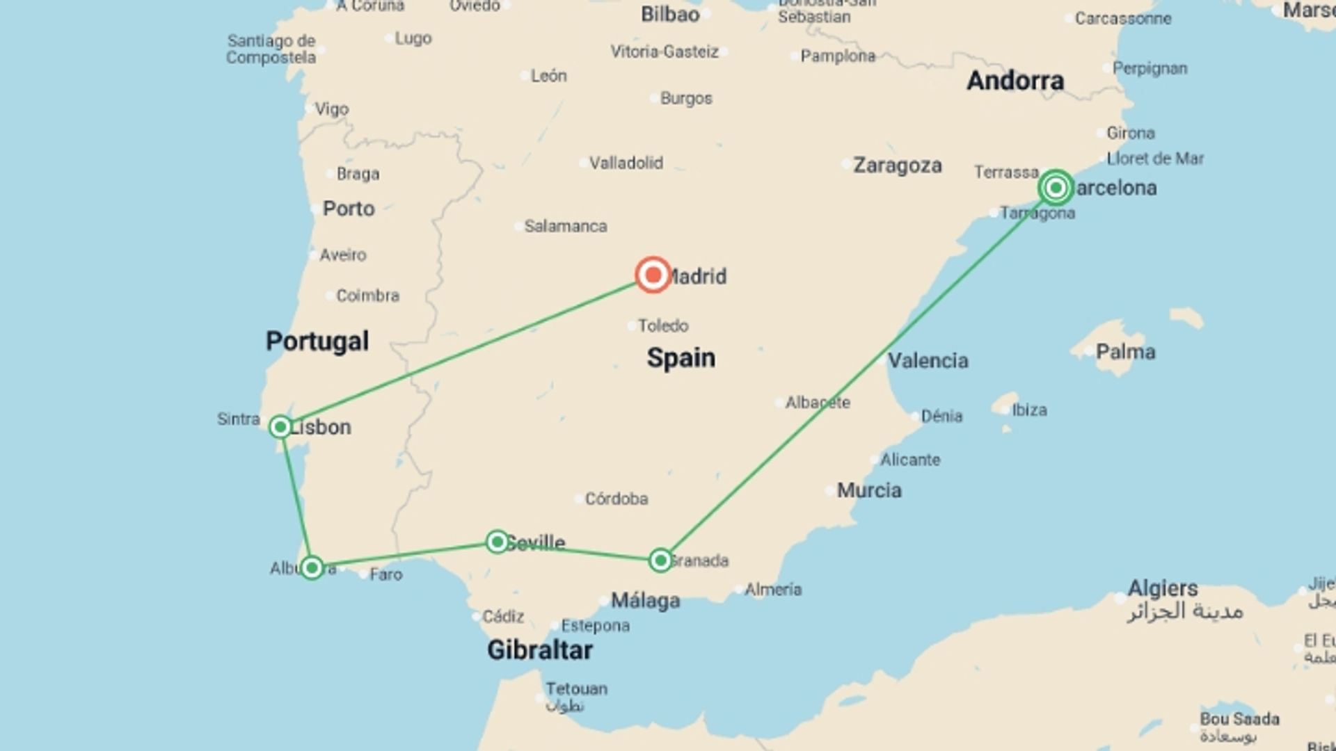 A map showing the tour itinerary for the trip: Spain & Portugal: Flamenco & Tapas, starting in Barcelona, Spain and ending in Madrid, Spain going through 4 other destinations.