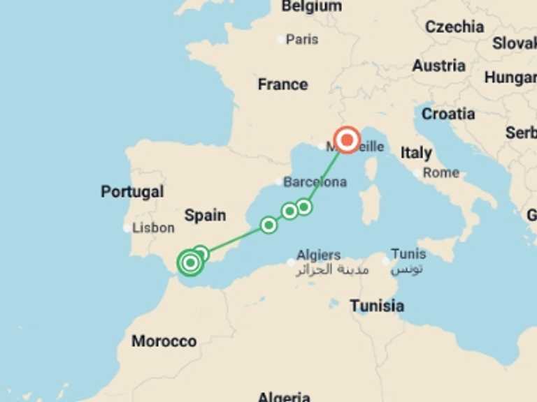 Map of France and Spain Tour with 6 destination visits for the trip: Mediterranean Legacies: From Andalusia to the Balearic Islands - Between Moorish Treasures and  Enchanting Islands (port-to-port package)