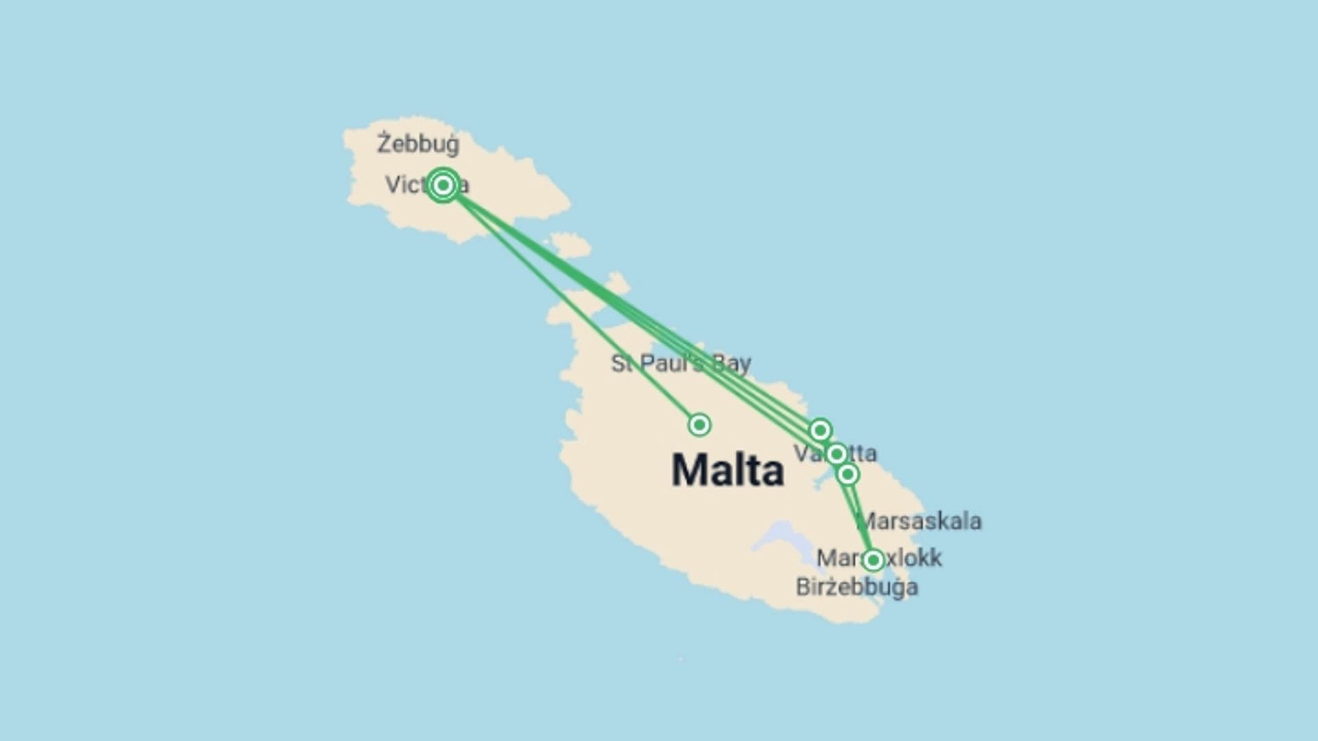 A map showing the tour itinerary for the trip: Explore Malta And Gozo 8 Days, Self-drive, starting in Gozo, Malta and ending in Gozo, Malta going through 2 other destinations.
