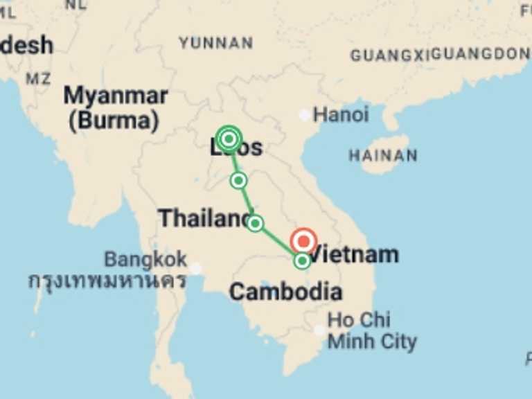 Map itinerary of South East Asia Tour in August 2026 with 4 destination visits for the trip: Beautiful Laos - 8 days