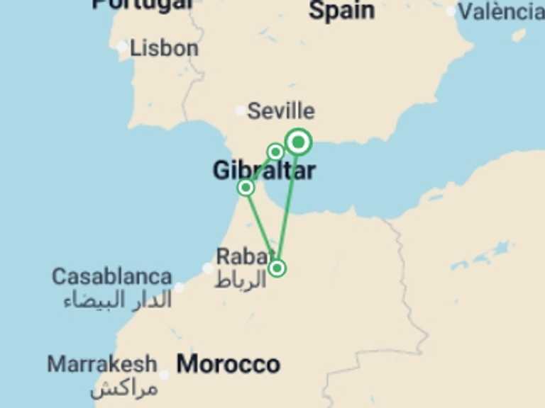 Map of Europe Tour with 4 destination visits for the trip: Morocco Flash, 4 Days From Costa Del Sol (c-3040)
