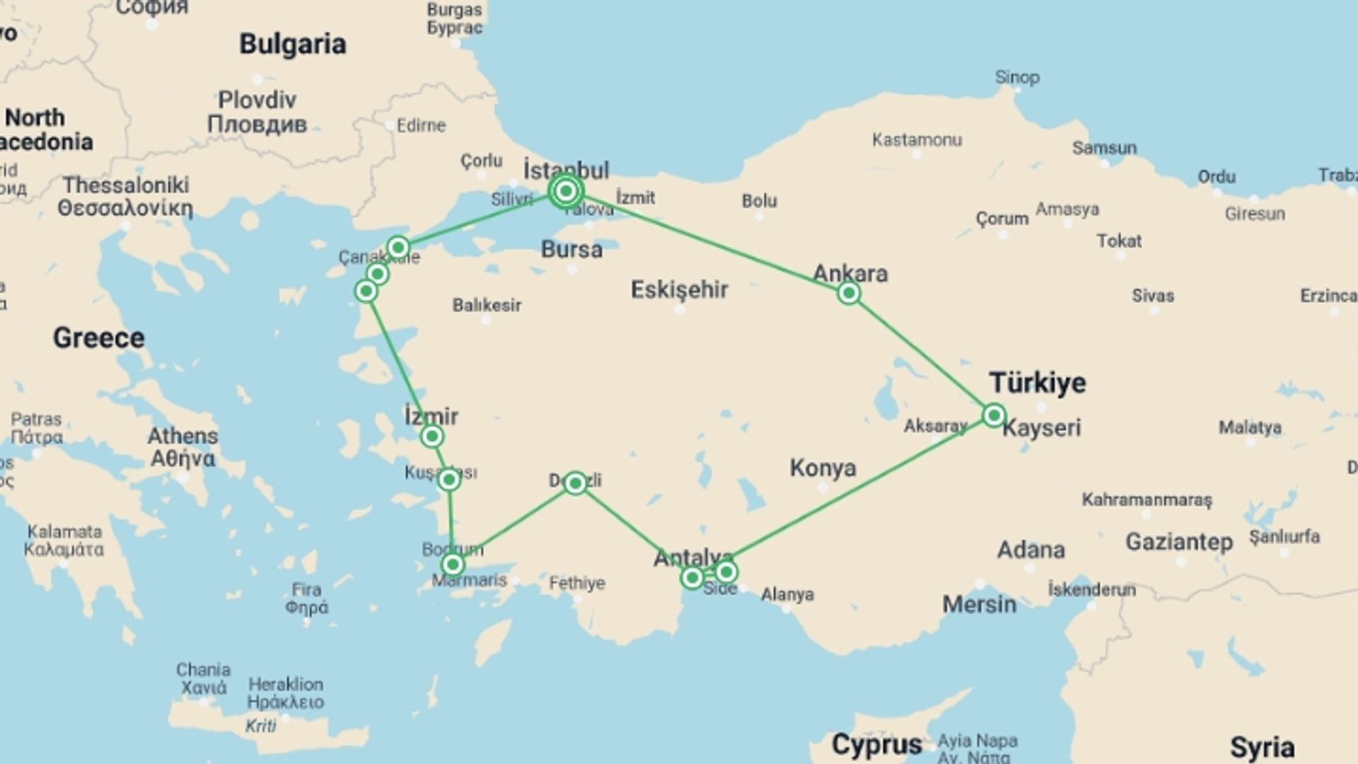 A map showing the tour itinerary for the trip: Glories of Türkiye Deluxe, starting in Istanbul, Turkey and ending in Istanbul, Turkey going through 8 other destinations.