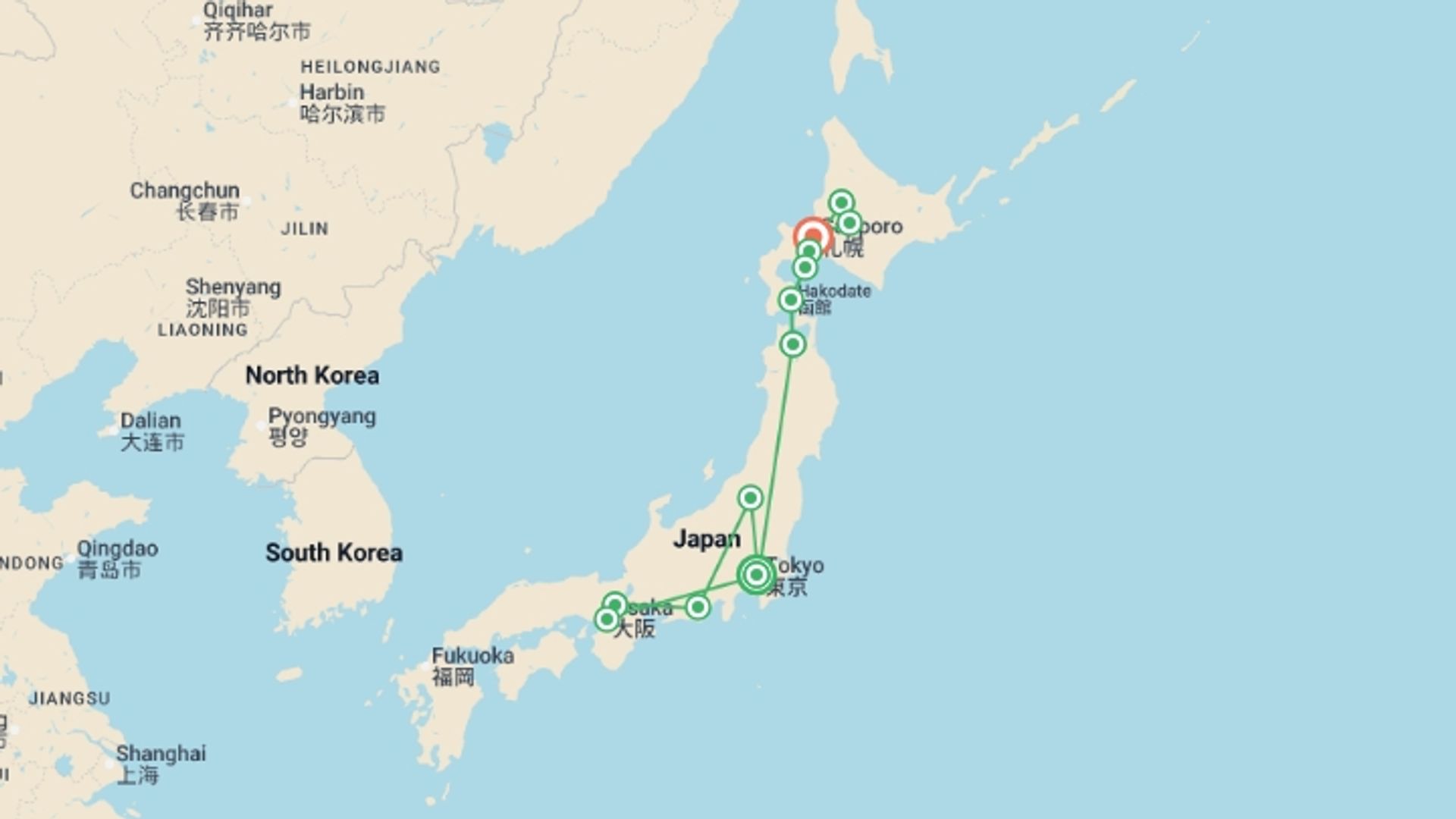 A map showing the tour itinerary for the trip: Japan Adventure, starting in Tokyo, Japan and ending in Sapporo, Japan going through 10 other destinations.