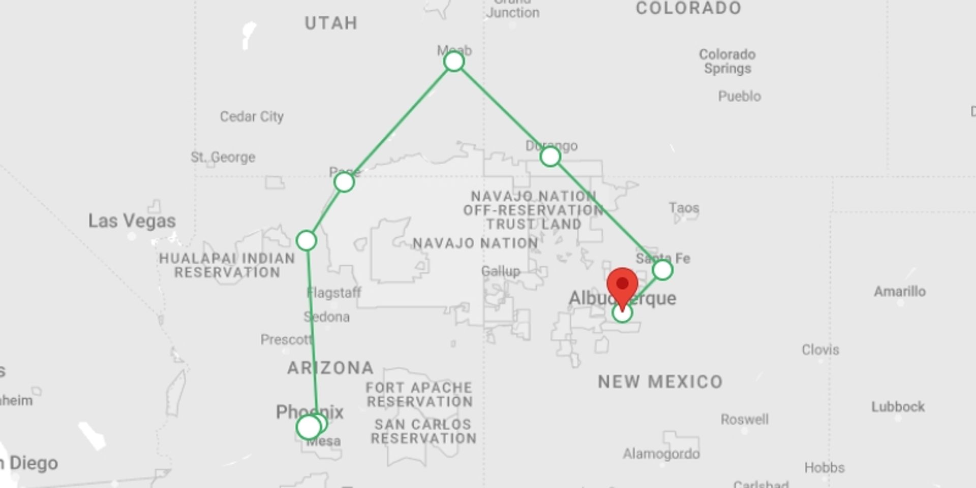 A map showing the tour itinerary for the trip: Colourful Trails of the Southwest, starting in undefined, USA and ending in undefined, USA going through 1 other destinations.