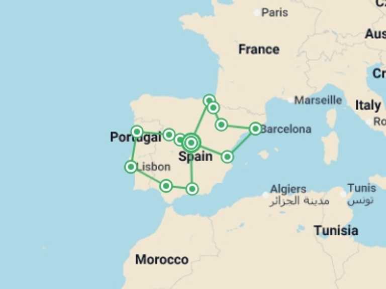 Map of Europe Tour with 10 destination visits for the trip: Spain & Portugal Explorer