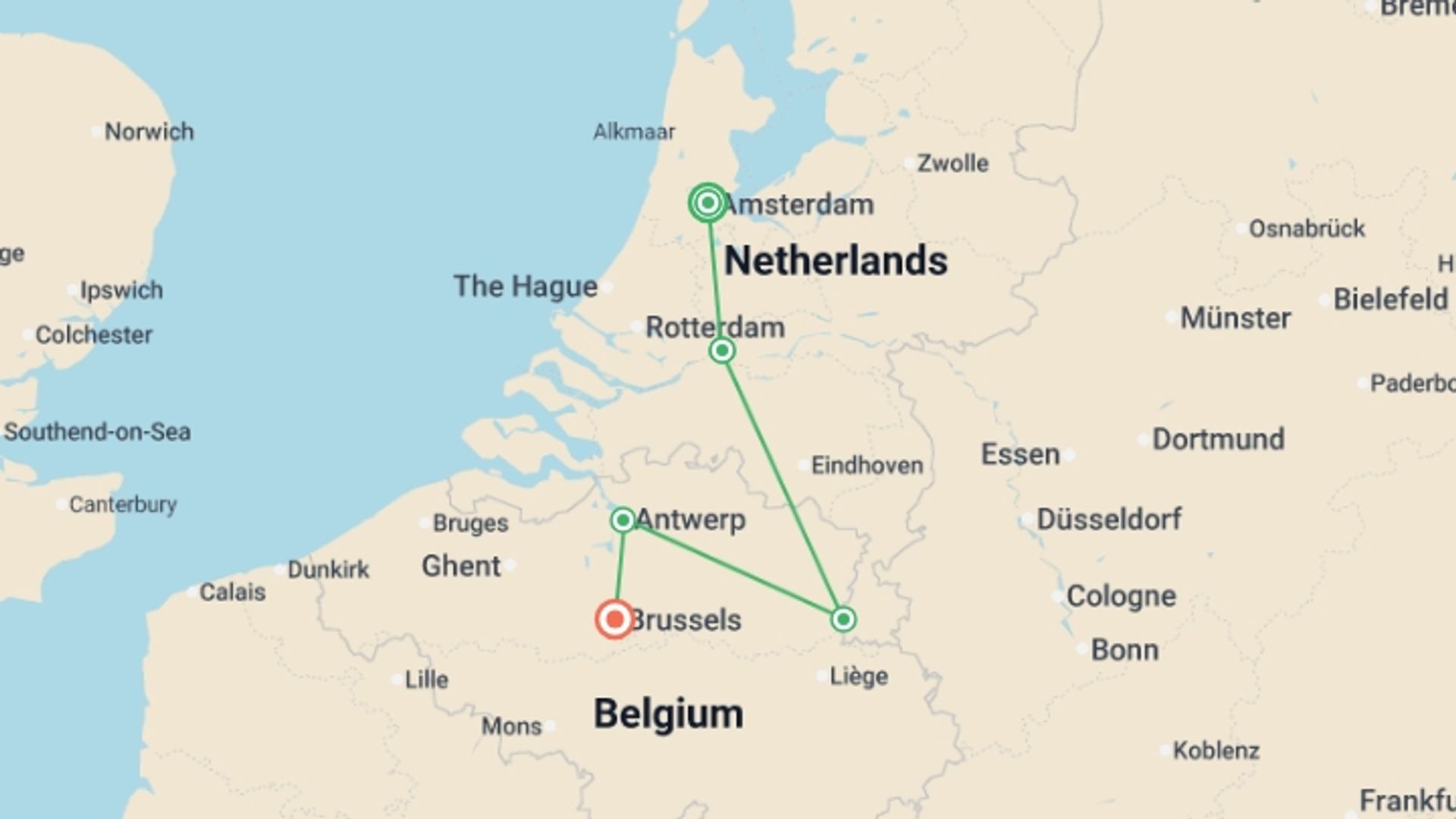 A map showing the tour itinerary for the trip: Holland & Belgium at Tulip Time (2027), starting in Amsterdam, Holland and ending in Brussels, Belgium going through 3 other destinations.