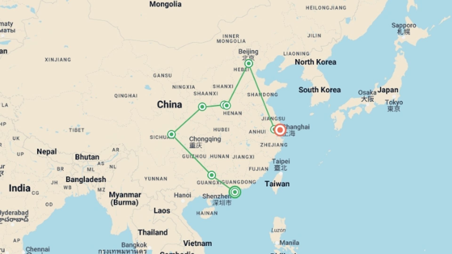 A map showing the tour itinerary for the trip: China Provincial Discovery, starting in Hong Kong, Hong Kong and ending in Shanghai, China going through 7 other destinations.