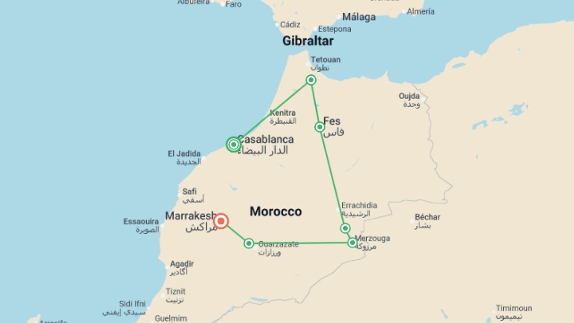A map showing the tour itinerary for the trip: Morocco: Souks & Spices, starting in Casablanca, Morocco and ending in Marrakech, Morocco going through 5 other destinations.