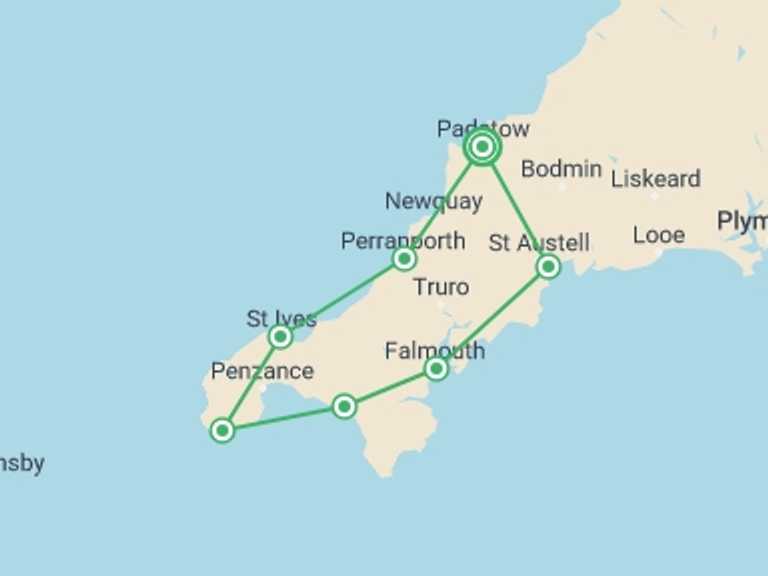 Map of a Bicycle Tour with 7 destination visits for the trip: Cornish Cycle Tour
