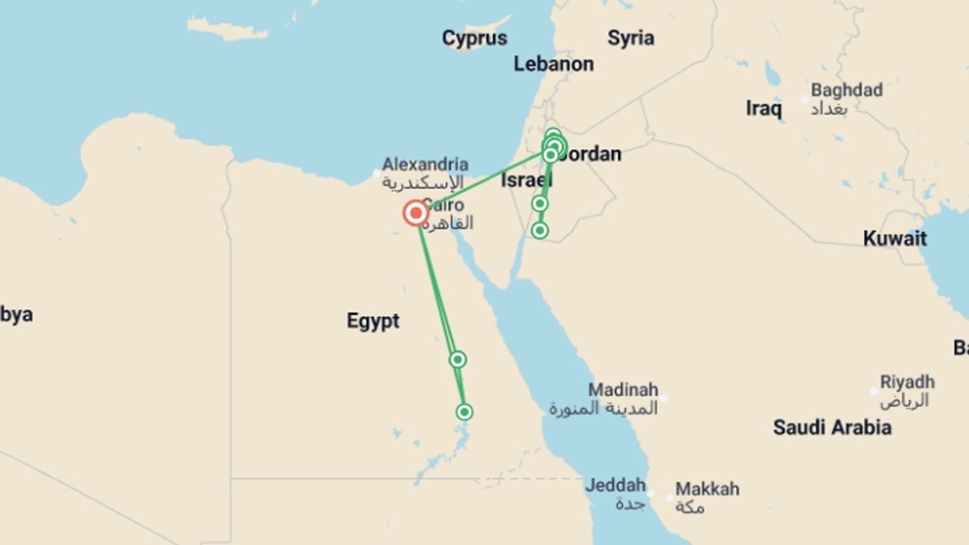 A map showing the tour itinerary for the trip: Nabateans & Nubians, starting in Amman, Jordan and ending in Cairo, Egypt going through 6 other destinations.