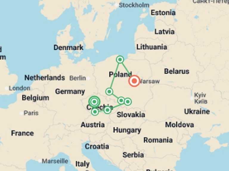 Map itinerary of Europe Tour in June 2026 with 8 destination visits for the trip: Full Czechia and Poland