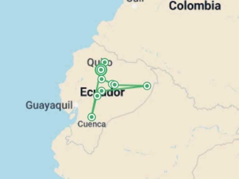 Map of Quito Cultural, religious and historic sites Tour with 11 destination visits for the trip: Ecuador - Andes to Amazon