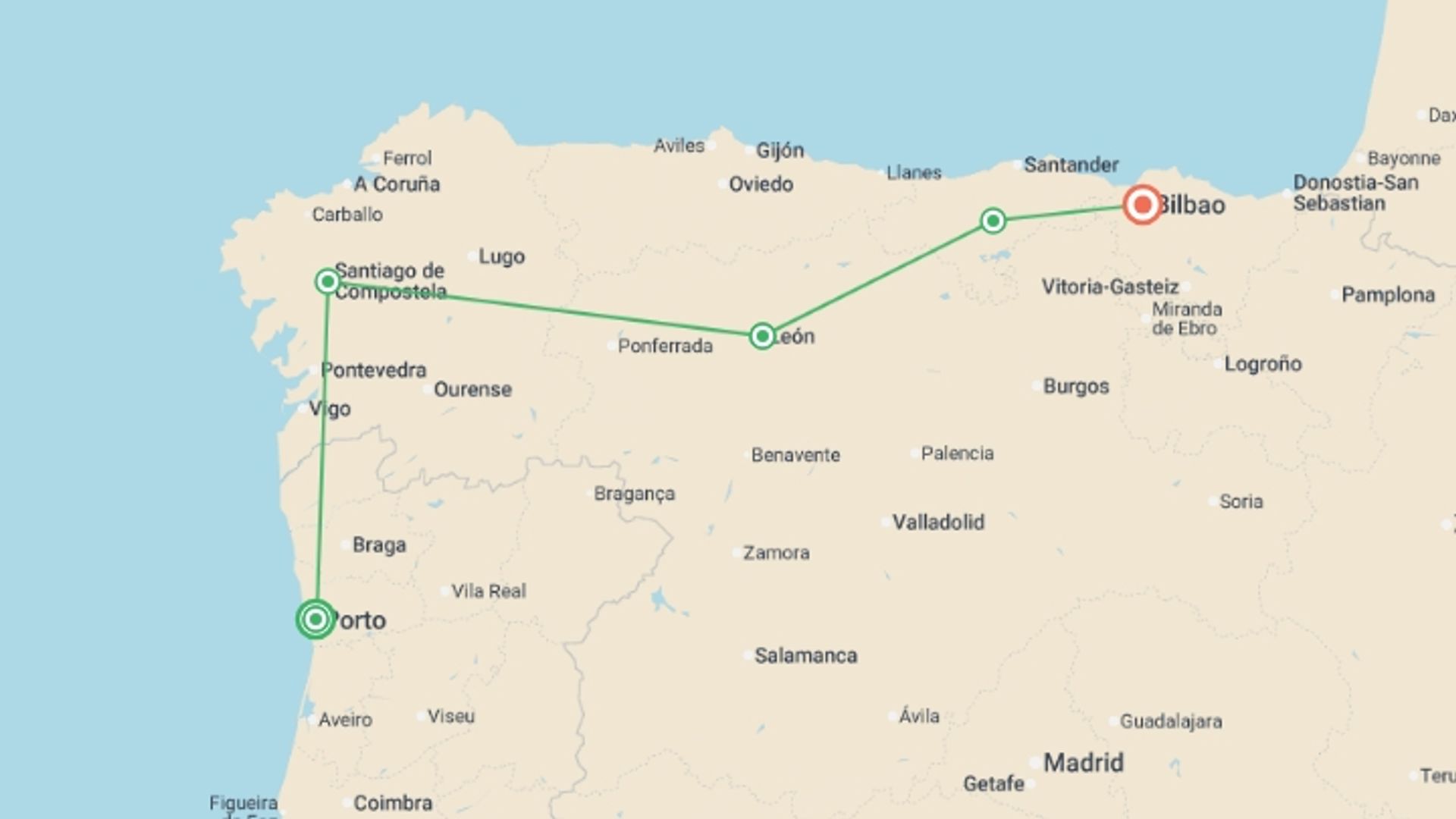 A map showing the tour itinerary for the trip: A Taste of the Camino: Porto to Bilbao, starting in Porto, Portugal and ending in Bilbao, Spain going through 3 other destinations.