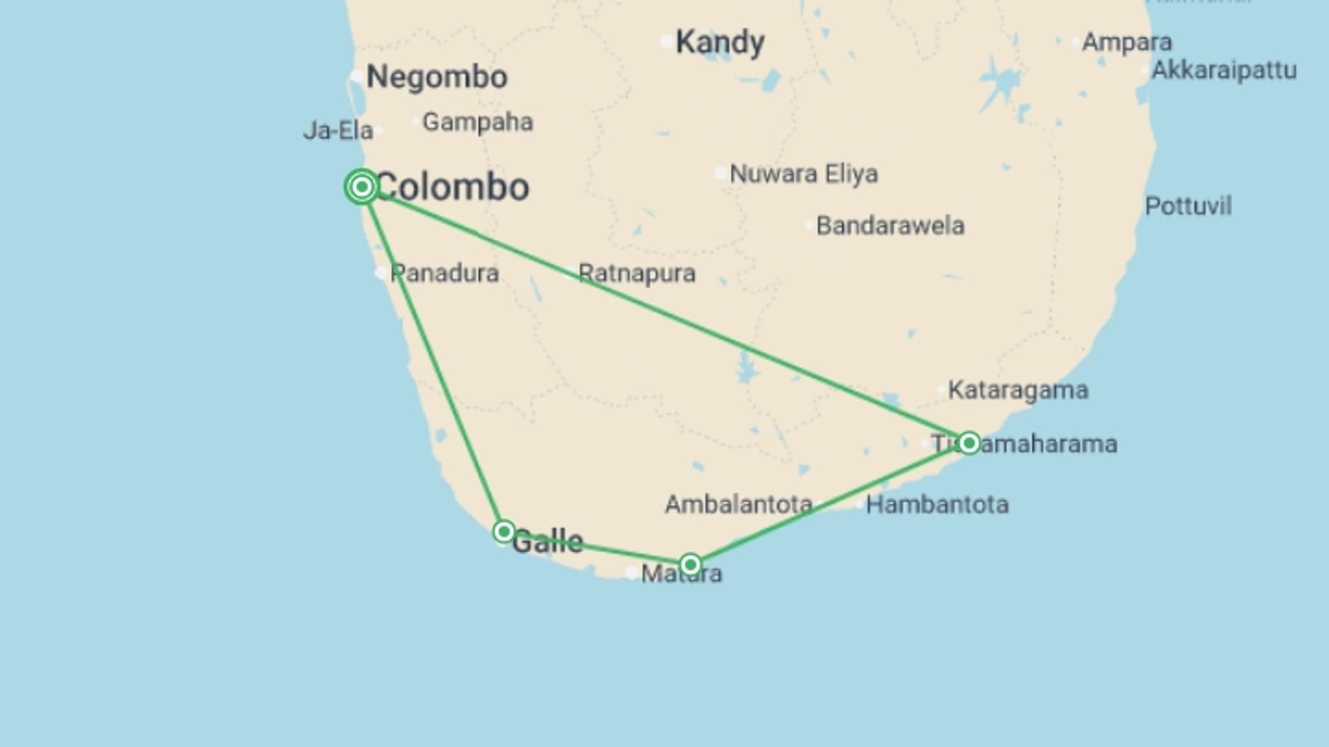 A map showing the tour itinerary for the trip: Experience The Diverse South Of Sri Lanka, Private Tour, starting in Colombo, Sri Lanka and ending in Colombo, Sri Lanka going through 1 other destinations.