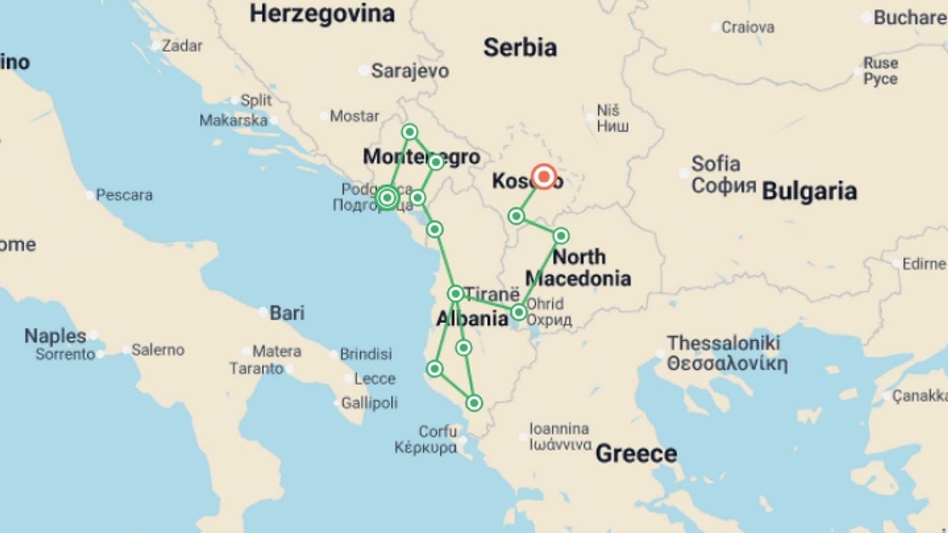 A map showing the tour itinerary for the trip: Balkans Discovery:  Montenegro to Kosovo, starting in Kotor, Montenegro and ending in Pristina, Kosovo going through 11 other destinations.
