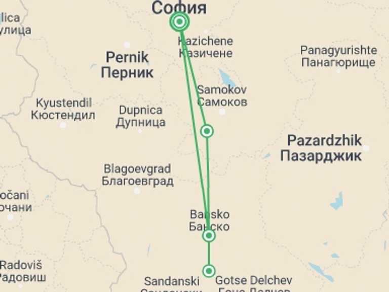 Map itinerary of Balkans Tour in Fall with 4 destination visits for the trip: Bulgaria Mountains and Monasteries Guided Hike