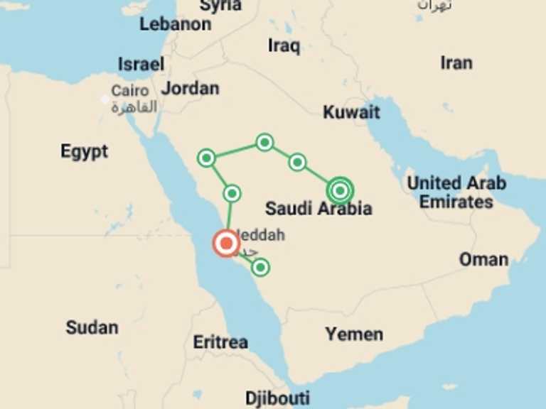 Map itinerary of Asia Tour in January 2027 with 7 destination visits for the trip: Saudi Arabia Explorer