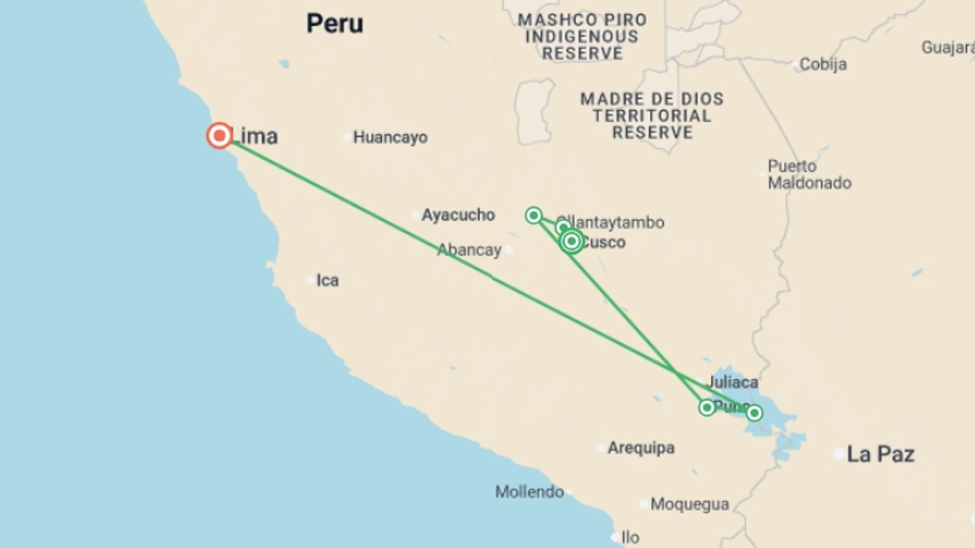 A map showing the tour itinerary for the trip: Highlights of Peru, starting in Cusco, Peru and ending in Lima, Peru going through 4 other destinations.