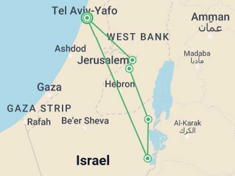 Map itinerary of Tel Aviv Tour in June 2026 with 2 destination visits for the trip: Jerusalem, Bethlehem & Masada 2 Days From Tel Aviv