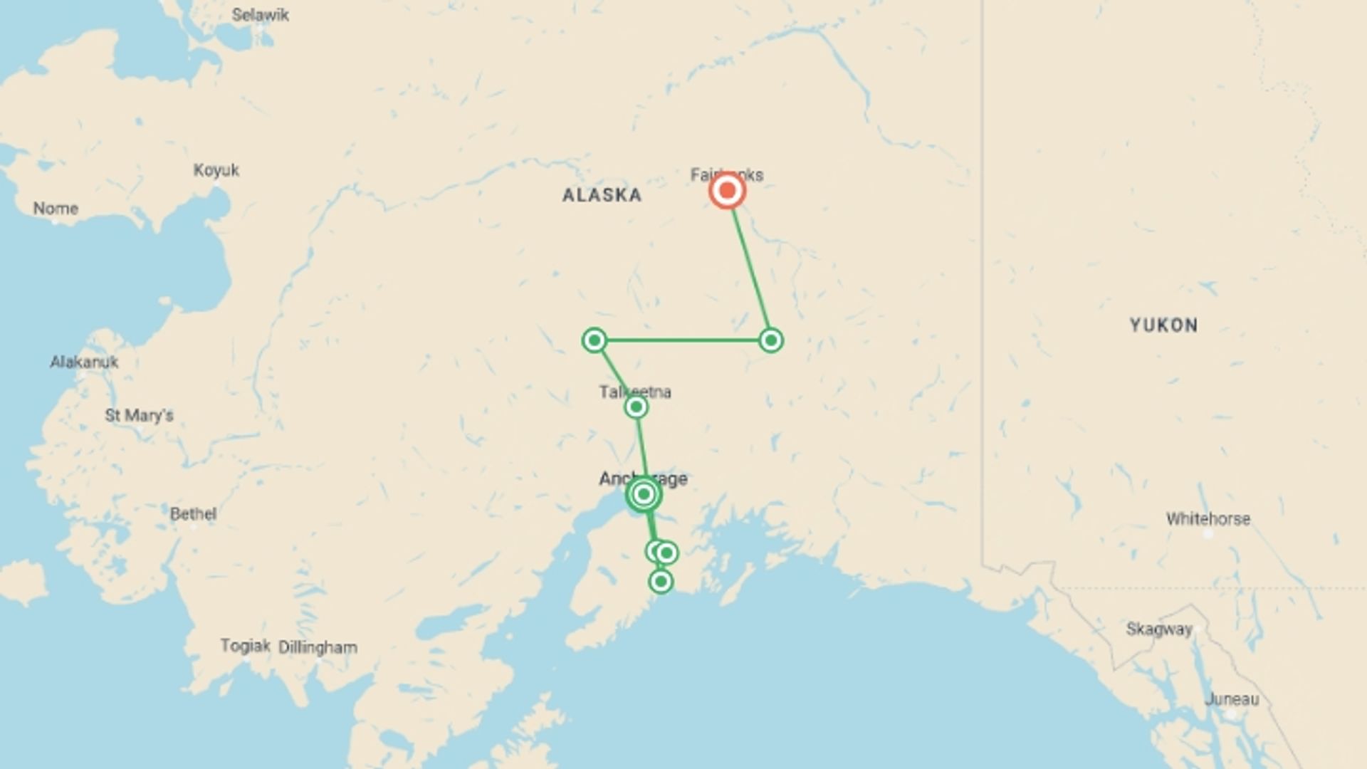 A map showing the tour itinerary for the trip: 13-Day Alaska Highlights Lodging Tour, starting in Anchorage, USA and ending in Fairbanks, USA going through 7 other destinations.