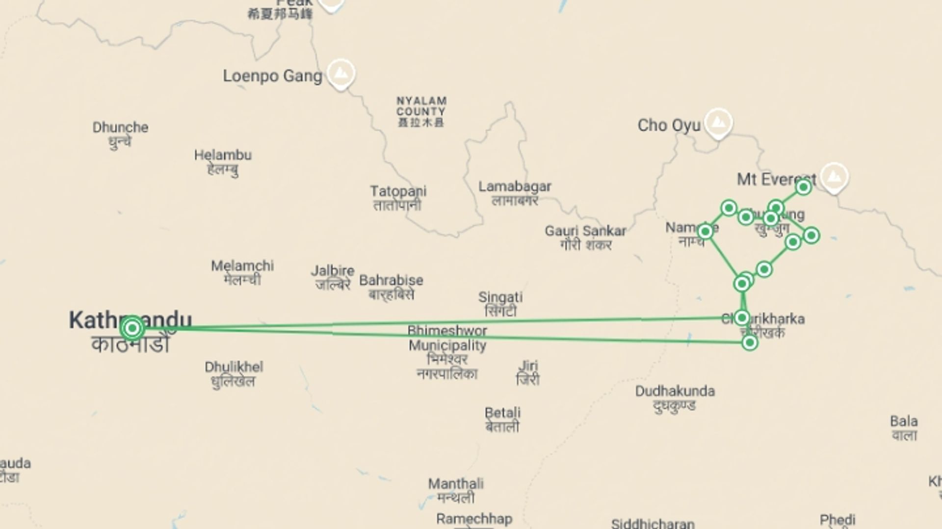 A map showing the tour itinerary for the trip: Everest High Passes Trekking, starting in Kathmandu, Nepal and ending in Kathmandu, Nepal going through 14 other destinations.