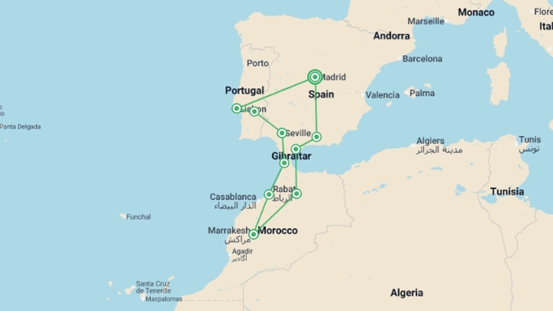 A map showing the tour itinerary for the trip: Spain, Morocco and Portugal, starting in Madrid, Spain and ending in Madrid, Spain going through 9 other destinations.
