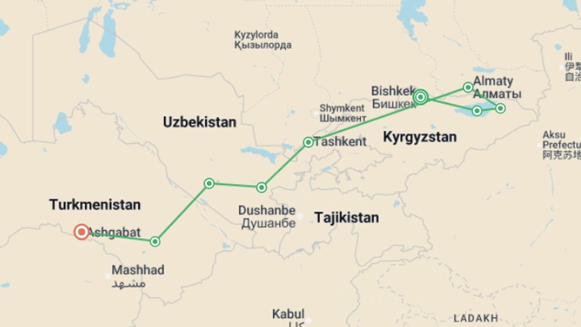A map showing the tour itinerary for the trip: Highlights of Central Asia, starting in Bishkek, Kyrgyzstan and ending in Ashgabat, Turkmenistan going through 7 other destinations.